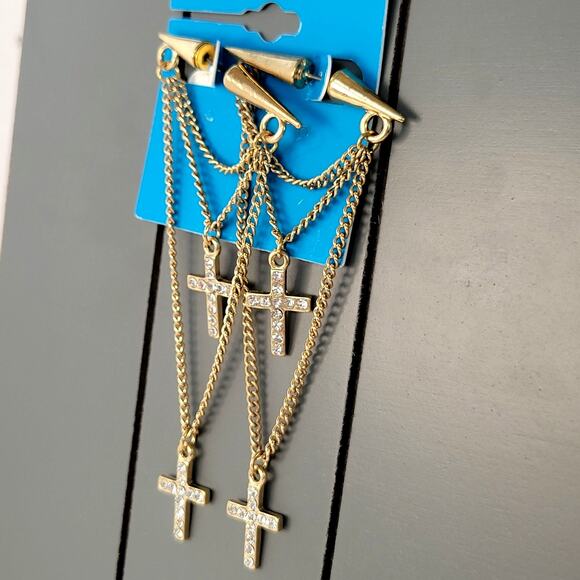 Gold-Tone Multi Cross Layered Chain Pierced Earrings 3.5" Rhinestones Edgy Punk - Picture 3 of 8